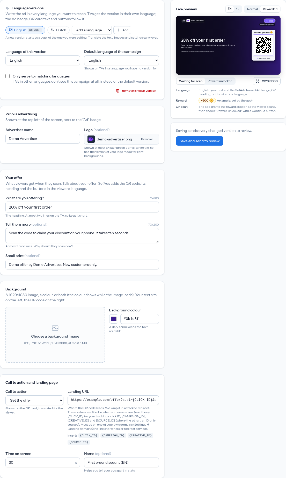 The creative editor in the advertiser area: the fields on the left, the live preview with the language switch and the rewarded toggle on the right
