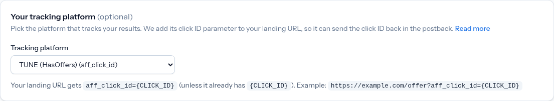The click ID step of a pay-per-result campaign: the tracking platform presets and Other