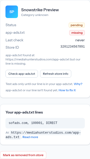 A listing whose last app-ads.txt check is Not found, with the line to publish and the Check app-ads.txt button