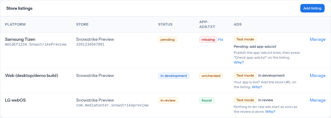 The app page in the publisher dashboard: a listing with the Test mode badge, its reason and the next step