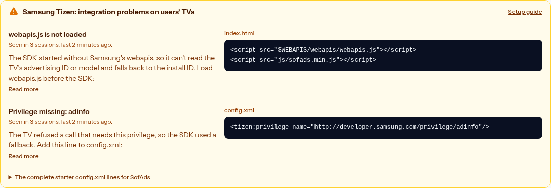 The integration warning on a Tizen listing in the publisher dashboard, with the line to add and a Read more link